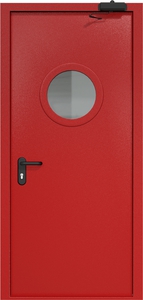 Однопольная дверь ДМП-1(О) с круглым стеклопакетом, отбойником и доводчиком