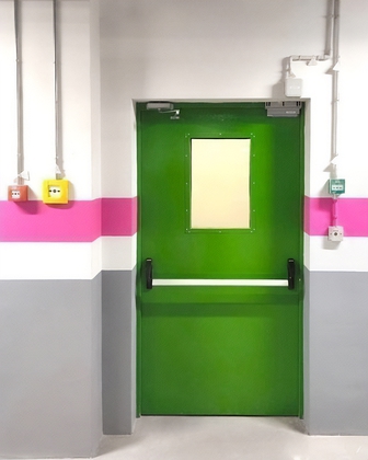Зеленая дверь со стеклом и ручкой push-bar Зеленая дверь со стеклом и ручкой push-bar
